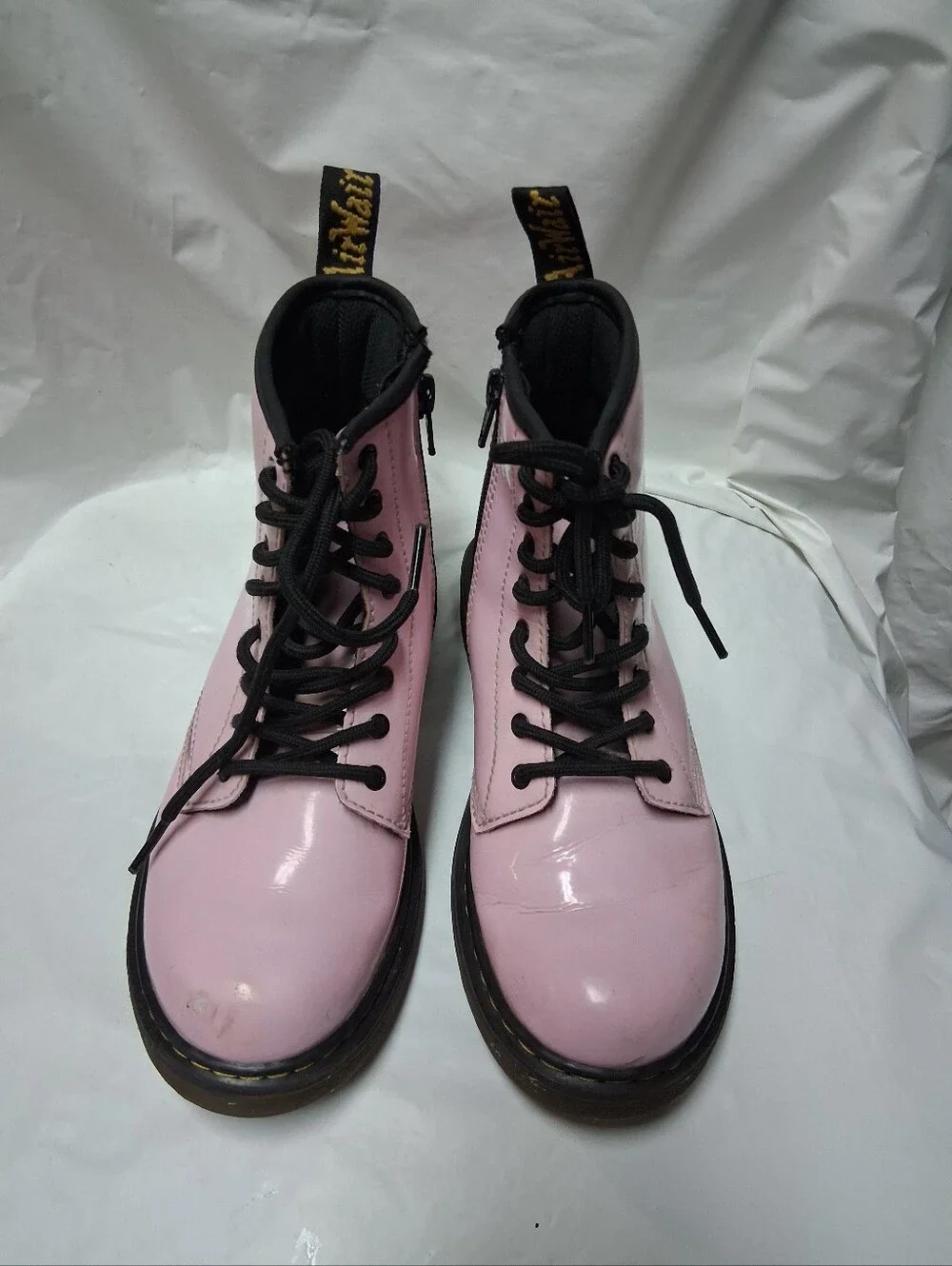 Dr. Martens Little Girl's Pink and Black Lace-Up Boot Interior Detail Sz 3